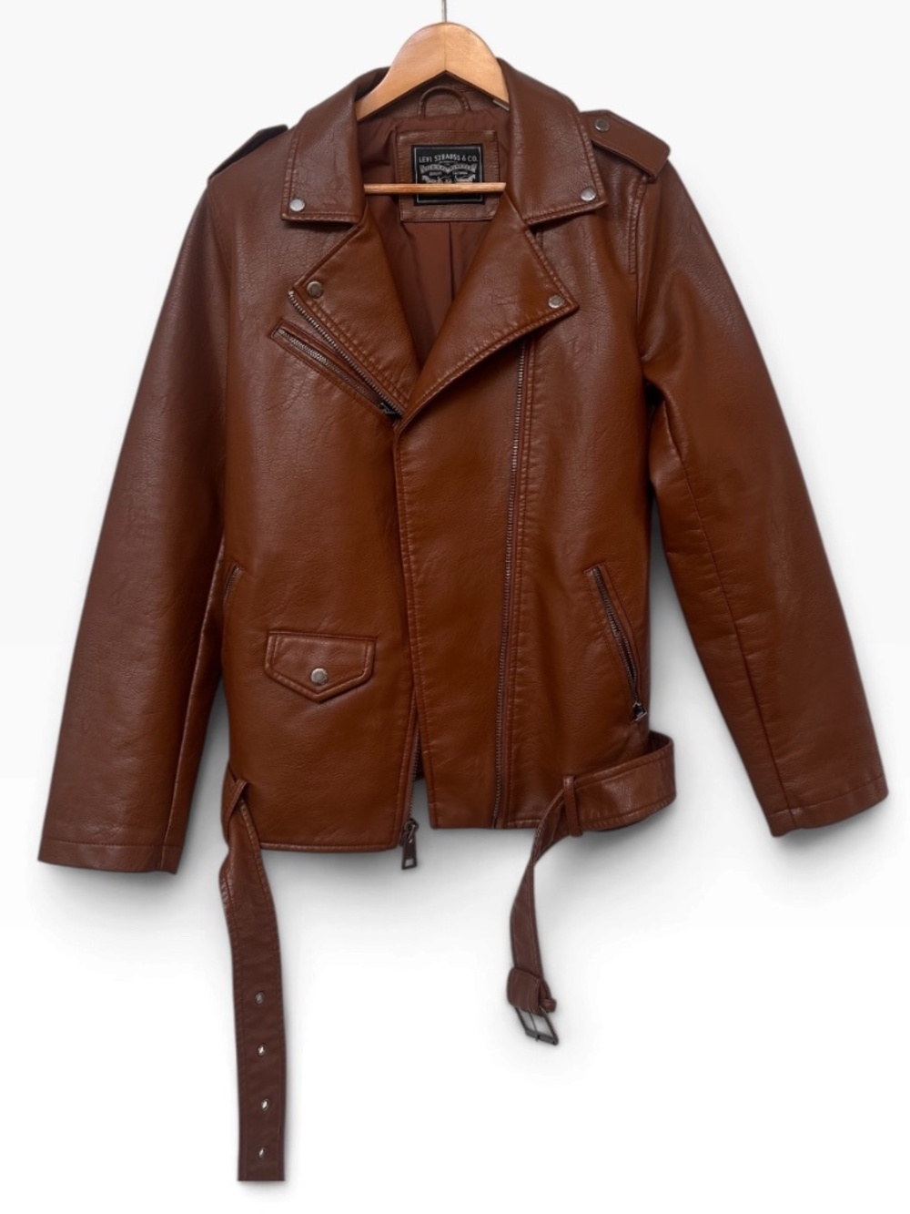 Levi’s Women's Brown Faux Leather Belted Moto Biker Jacket Size M Pristine